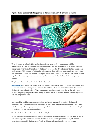 Popular Online Casino and Betting Games on DiamondExch A World of Thrills and Wins