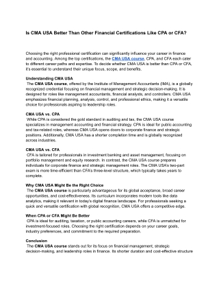 Is CMA USA Better Than Other Financial Certifications Like CPA or CFA