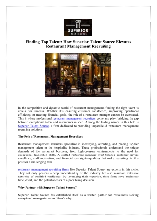 Hire Restaurant Management Recruiters from Superior Talent Source