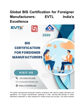 Global BIS Certification for Foreigner Manufacturers_ EVTL India's Excellence