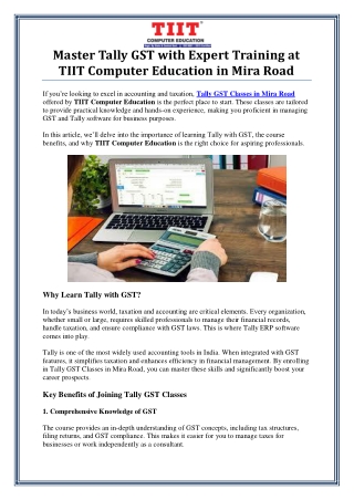 Tally GST Classes in Mira Road by TIIT Computer Education