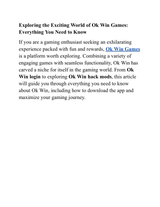 Exploring the Exciting World of Ok Win Games_ Everything You Need to Know