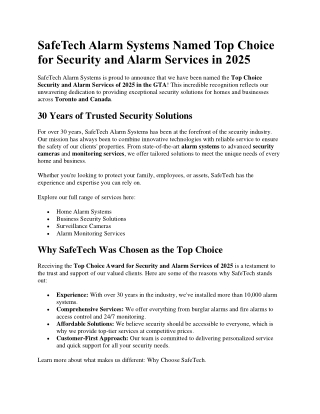 SafeTech Alarm Systems Named Top Choice for Security and Alarm Services in 2025