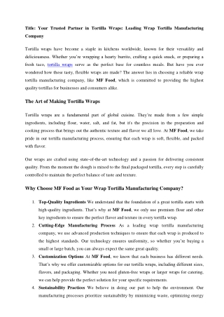 Your Trusted Partner in Tortilla Wraps Leading Wrap Tortilla Manufacturing Company