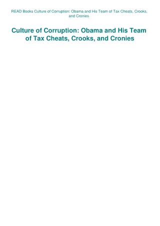 READ Books Culture of Corruption Obama and His Team of Tax Cheats  Crooks  and Cronies