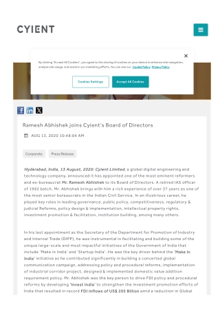 Ramesh Abhishek joins Cyient’s Board of Directors