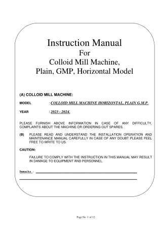 Instruction Manual For Colloid Mill Machine