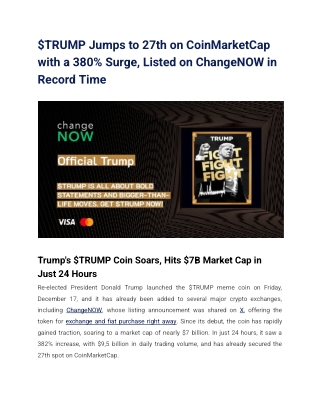 $TRUMP Jumps to 27th on CoinMarketCap with a 380% Surge, Listed on ChangeNOW in Record Time