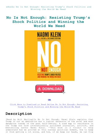 eBooks No Is Not Enough Resisting Trump's Shock Politics and Winning the World We Need