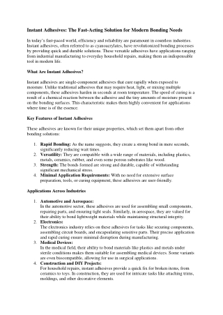 Instant Adhesives: The Fast-Acting Solution for Modern Bonding Needs