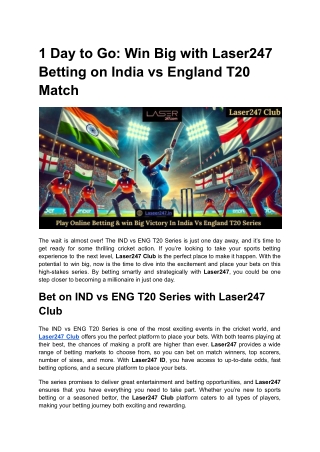 1 Day to Go_ Win Big with Laser247 Betting on India vs England T20 Match