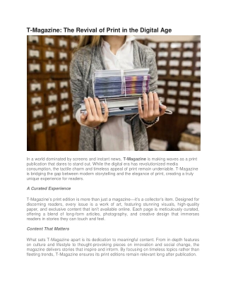 T-Magazine - Exclusive Print Magazine for Trendsetters