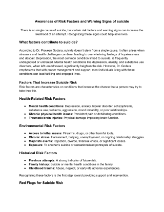Awareness of Risk Factors and Warning Signs of suicide