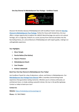 One Day Chennai To Mahabalipuram Tour Package – Sundhara Travels