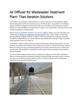 Air Diffuser for Wastewater Treatment Plant - Titan Aeration Solutions