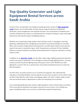 Top-Quality Generator and Light Equipment Rental Services across Saudi Arabia
