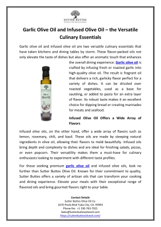 Garlic Olive Oil and Infused Olive Oil – the Versatile Culinary Essentials