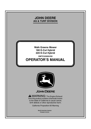 John Deere 180 E-Cut Hybrid 220 E-Cut Hybrid Walk Greens Mower Operator’s Manual Instant Download (Publication No.OMTCU3