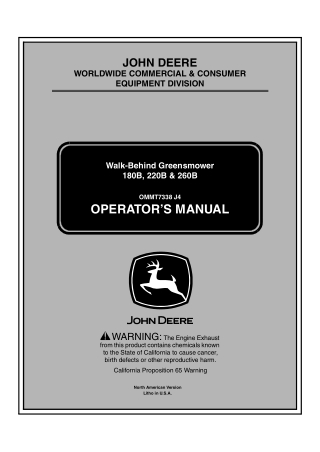 John Deere 180B 220B & 260B Walk-Behind GreensMower Operator’s Manual Instant Download (PIN010001-) (Publication No.OMMT