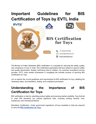 Important Guidelines for BIS Certification of Toys by EVTL India