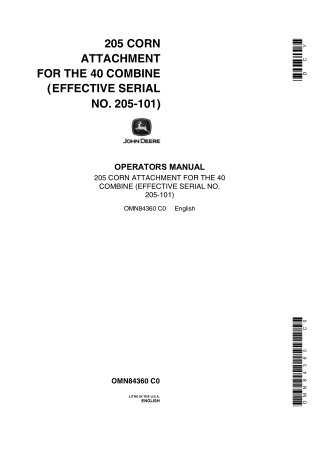 John Deere 205 Corn Attachment for the 40 Combine Operator’s Manual Instant Download (PIN205-101) (Publication No.OMN843