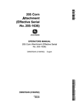 John Deere 205 Corn Attachment Operator’s Manual Instant Download (PIN205-1636) (Publication No.OMN97604N)