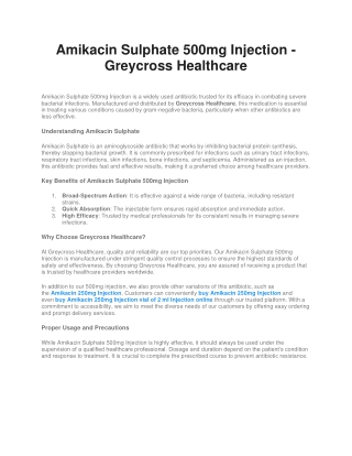 Amikacin Sulphate 500mg Injection - Greycross Healthcare
