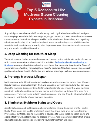 Top 5 Reasons to Hire Mattress Steam Cleaning Experts in Brisbane