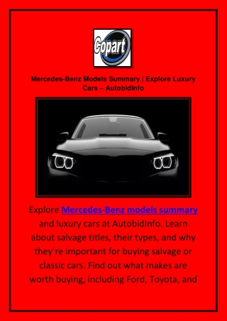 Mercedes-Benz Models Summary | Explore Luxury Cars - AutobidInfo