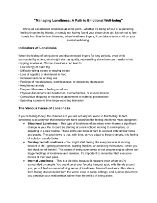 Managing Loneliness- A Path to Emotional Well-being