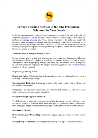 Sewage Cleaning UK - Professional and Reliable Services