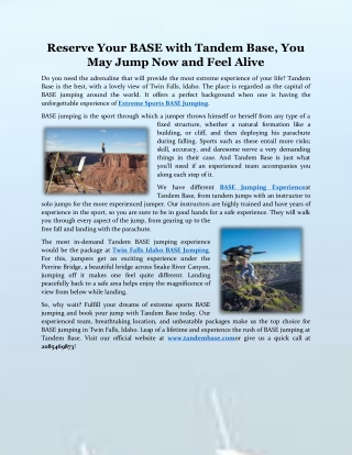 Reserve Your BASE with Tandem Base, You May Jump Now and Feel Alive