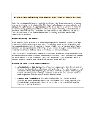 Explore Ooty with Ooty Cab Rental: Your Trusted Travel Partner