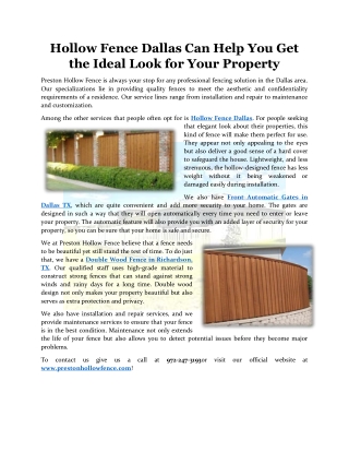 Hollow Fence Dallas Can Help You Get the Ideal Look for Your Property