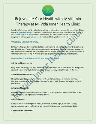 IV Vitamin Therapy at Mi Vida Inner Health Clinic