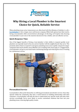 Why Hiring a Local Plumber is the Smartest Choice for Quick, Reliable Service