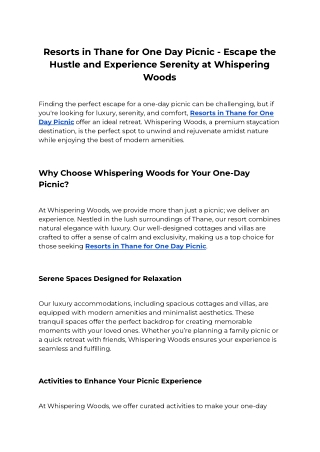 Resorts in Thane for One Day Picnic - Escape the Hustle and Experience Serenity at Whispering Woods