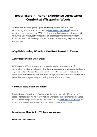 Best Resort in Thane - Experience Unmatched Comfort at Whispering Woods