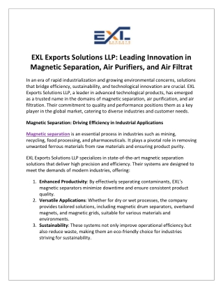 EXL Exports Solutions LLP Leading Innovation in Magnetic Separation, Air Purifiers, and Air Filtrat