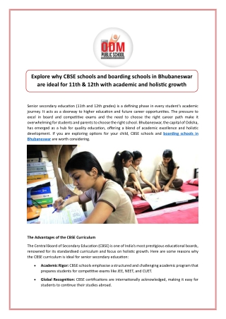 Explore why CBSE schools and boarding schools in Bhubaneswar are ideal for 11th & 12th with academic and holistic growth