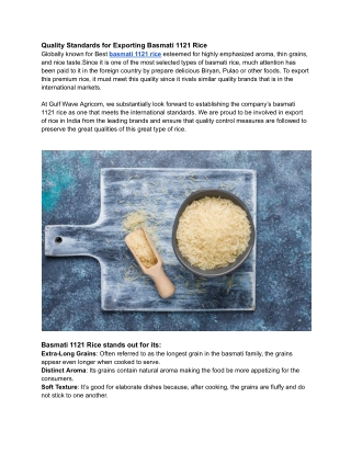 Quality Standards for Exporting Basmati 1121 Rice