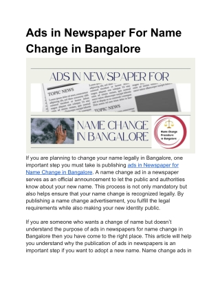 Ads in Newspaper For Name Change in Bangalore