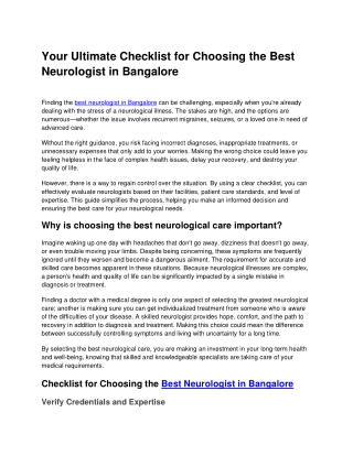 Your Ultimate Checklist for Choosing the Best Neurologist in Bangalore