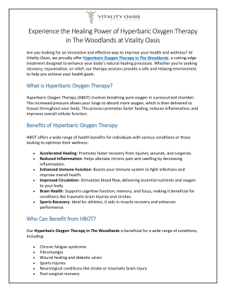 Hyperbaric Oxygen Therapy in The Woodlands at Vitality Oasis