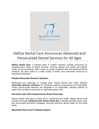 Alefiya Dental Care Announces Advanced and Personalized Dental Services for All Ages