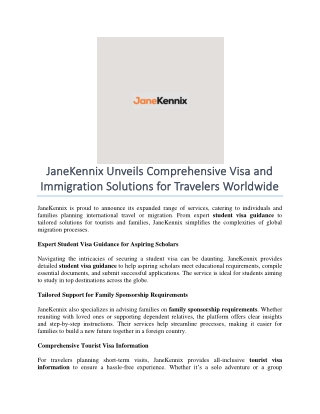 JaneKennix Unveils Comprehensive Visa and Immigration Solutions for Travelers Worldwide