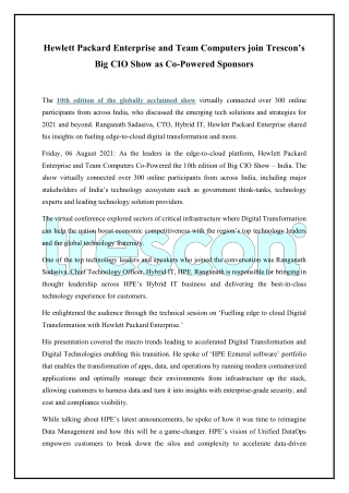 Hewlett Packard Enterprise and Team Computers join Trescon’s Big CIO Show as Co-Powered Sponsors