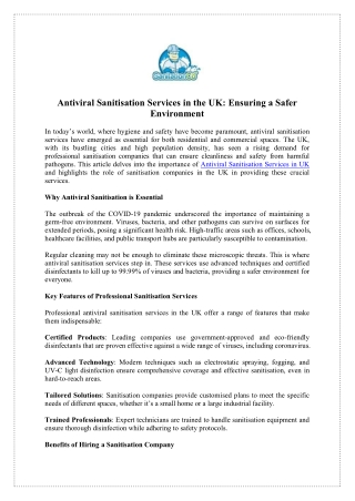 Antiviral Sanitisation Services in UK - Sanitisation Services