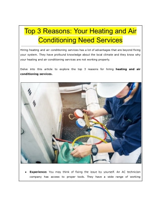 Top 3 Reasons: Your Heating and Air Conditioning Need Services