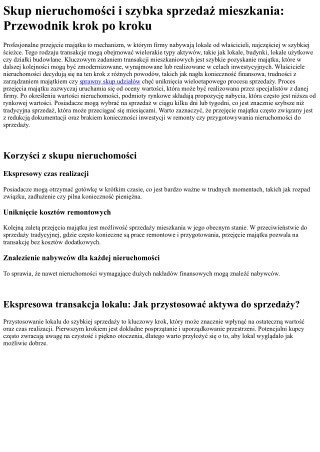 Szybka sprzedaż nieruchomości: Transakcje mieszkaniowe i szybka sprzedaż mieszka